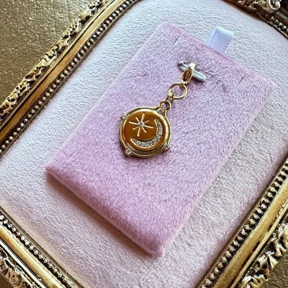 Moon & Star Charm Pendant 18k Gold PVD Stainless Steel Micro Crystals w/ Clasp - Picture 5 of 13